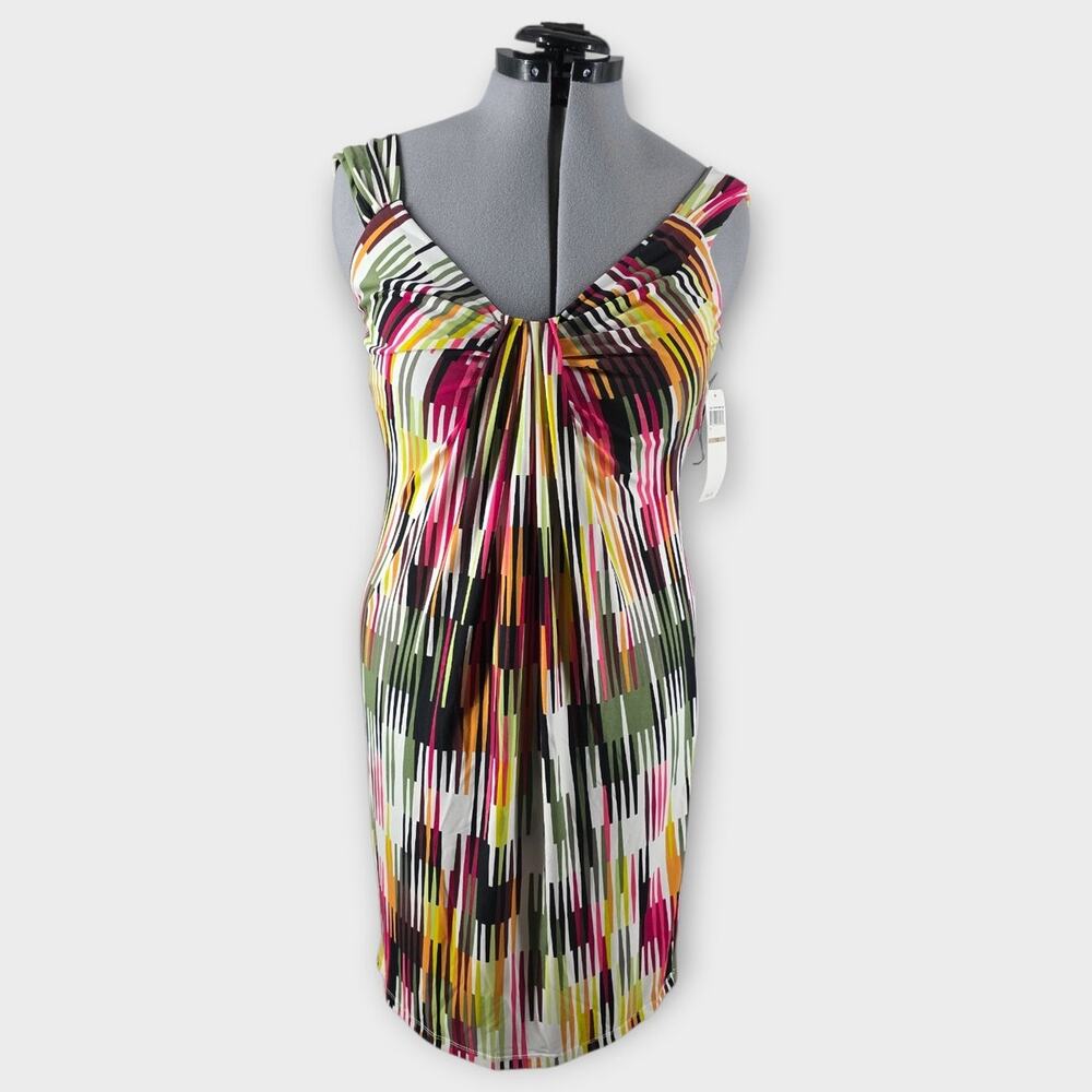 London Times Dress Women's 12  Abstract Geo Pattern Sleeveless Stretch Midi  NWT